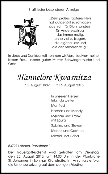 Anzeige von Hannelore Kwasnitza von Kölner Stadt-Anzeiger / Kölnische Rundschau / Express