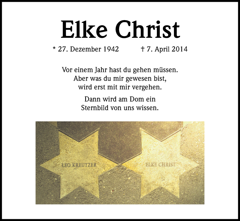  Traueranzeige für Elke Christ vom 04.04.2015 aus Kölner Stadt-Anzeiger / Kölnische Rundschau / Express