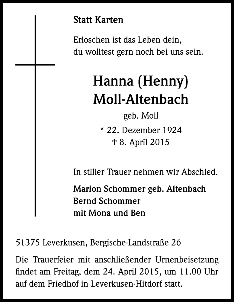  Traueranzeige für Hanna Moll-Altenbach vom 18.04.2015 aus Kölner Stadt-Anzeiger / Kölnische Rundschau / Express