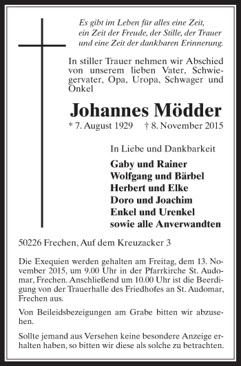 Anzeige von Johannes Mödder von  Wochenende 