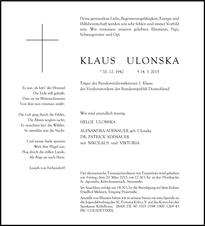  Traueranzeige für Klaus Ulonska vom 18.03.2015 aus Kölner Stadt-Anzeiger / Kölnische Rundschau / Express