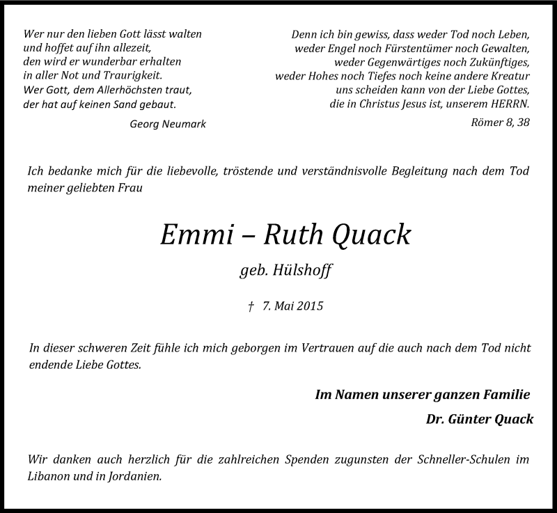  Traueranzeige für Emmi Ruth Quack vom 20.06.2015 aus Kölner Stadt-Anzeiger / Kölnische Rundschau / Express