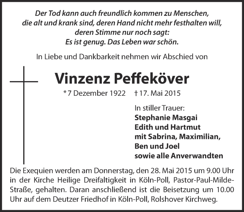  Traueranzeige für Vinzenz Peffeköver vom 27.05.2015 aus  Kölner Wochenspiegel 