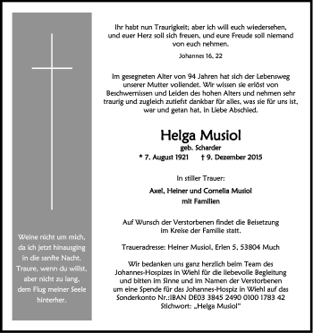 Anzeige von Helga Musiol von Kölner Stadt-Anzeiger / Kölnische Rundschau / Express