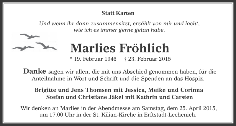  Traueranzeige für Marlies Fröhlich vom 15.04.2015 aus  Werbepost 