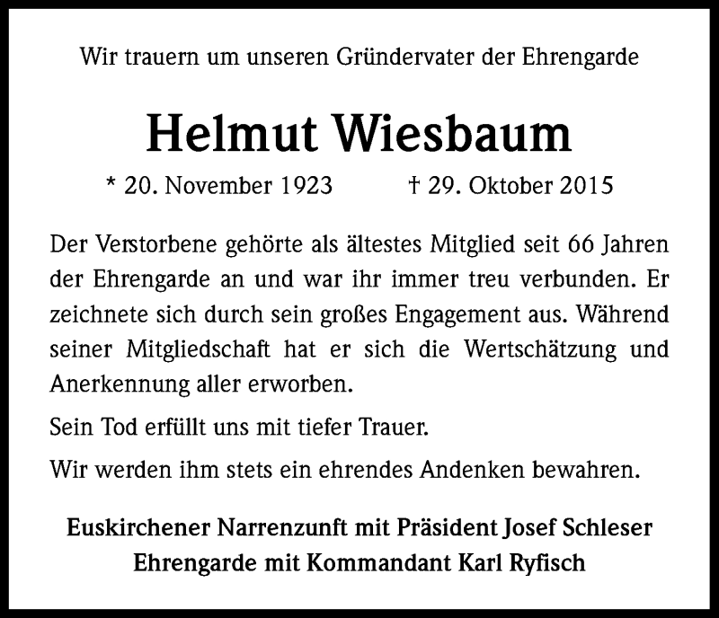  Traueranzeige für Helmut Wiesbaum vom 18.11.2015 aus Kölner Stadt-Anzeiger / Kölnische Rundschau / Express