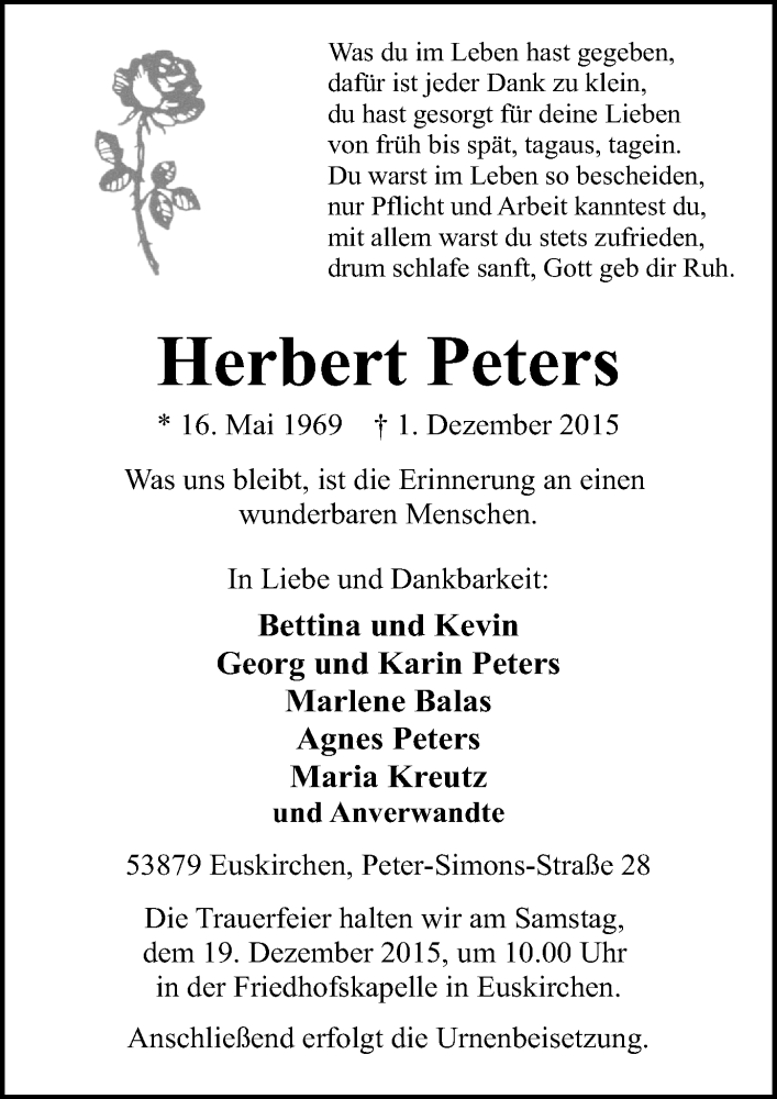  Traueranzeige für Herbert Peters vom 13.12.2015 aus  Blickpunkt Euskirchen 