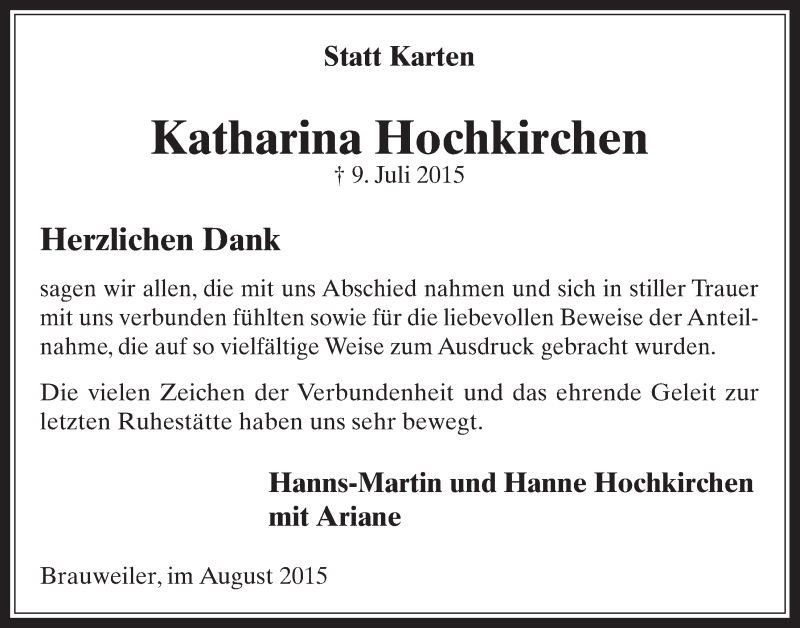  Traueranzeige für Katharina Hochkirchen vom 12.08.2015 aus  Wochenende 