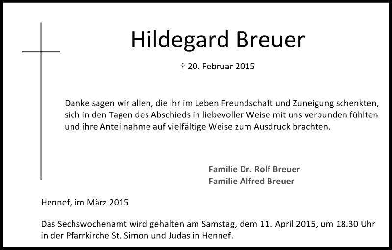  Traueranzeige für Hildegard Breuer vom 25.03.2015 aus Kölner Stadt-Anzeiger / Kölnische Rundschau / Express