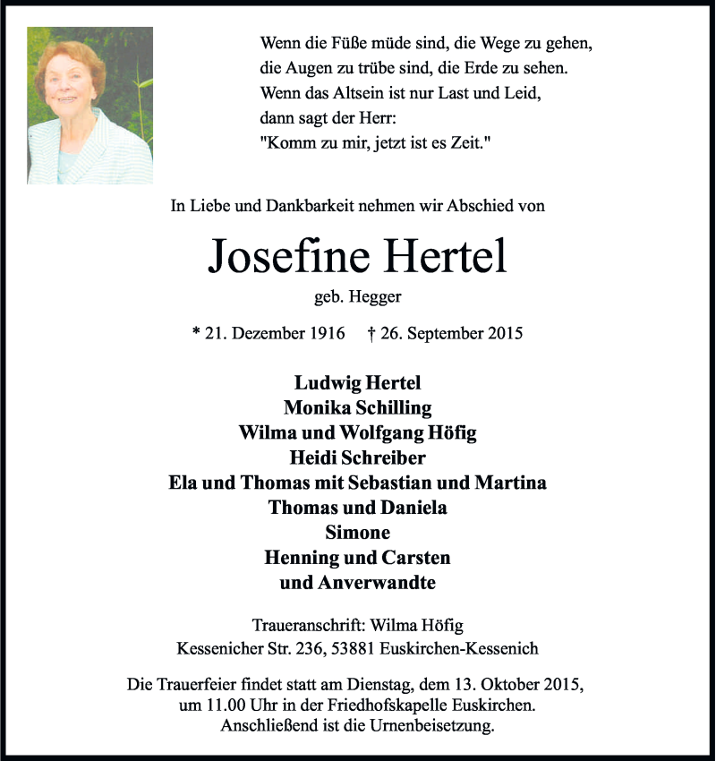  Traueranzeige für Josefine Hertel vom 07.10.2015 aus Kölner Stadt-Anzeiger / Kölnische Rundschau / Express