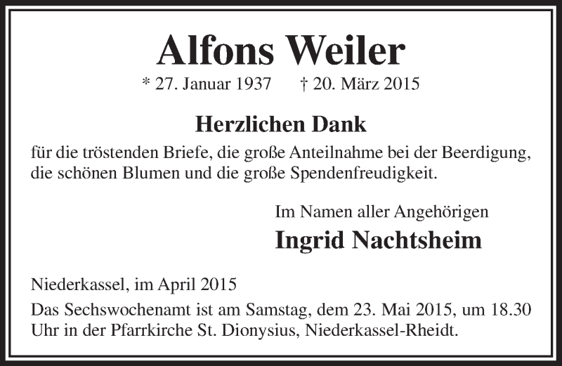  Traueranzeige für Alfons Weiler vom 22.04.2015 aus  Extra Blatt 