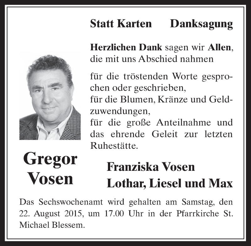  Traueranzeige für Gregor Vosen vom 19.08.2015 aus  Werbepost 