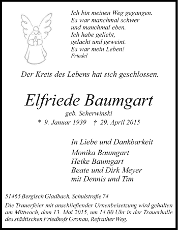 Anzeige von Elfriede Baumgart von Kölner Stadt-Anzeiger / Kölnische Rundschau / Express
