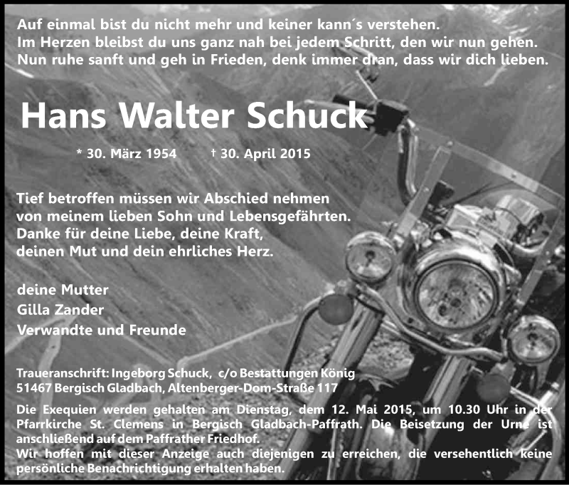  Traueranzeige für Hans Walter Schuck vom 09.05.2015 aus Kölner Stadt-Anzeiger / Kölnische Rundschau / Express