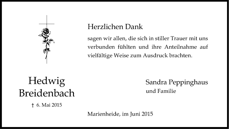  Traueranzeige für Hedwig Breidenbach vom 20.06.2015 aus Kölner Stadt-Anzeiger / Kölnische Rundschau / Express