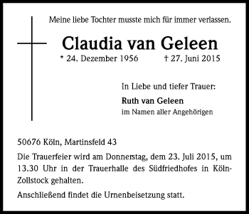 Anzeige von Claudia van Geleen von Kölner Stadt-Anzeiger / Kölnische Rundschau / Express