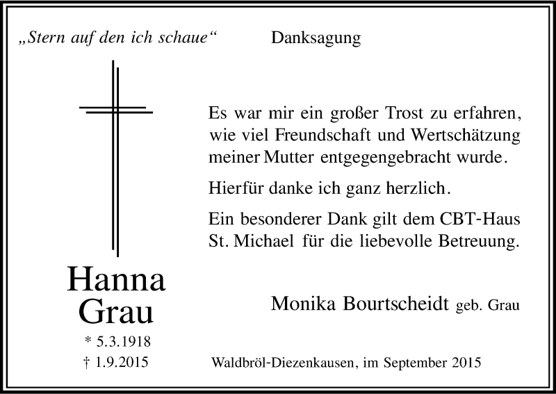  Traueranzeige für Hanna Grau vom 26.09.2015 aus Kölner Stadt-Anzeiger / Kölnische Rundschau / Express