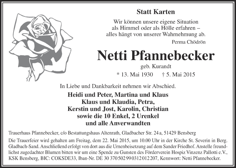  Traueranzeige für Netti Pfannebecker vom 20.05.2015 aus  Bergisches Handelsblatt 