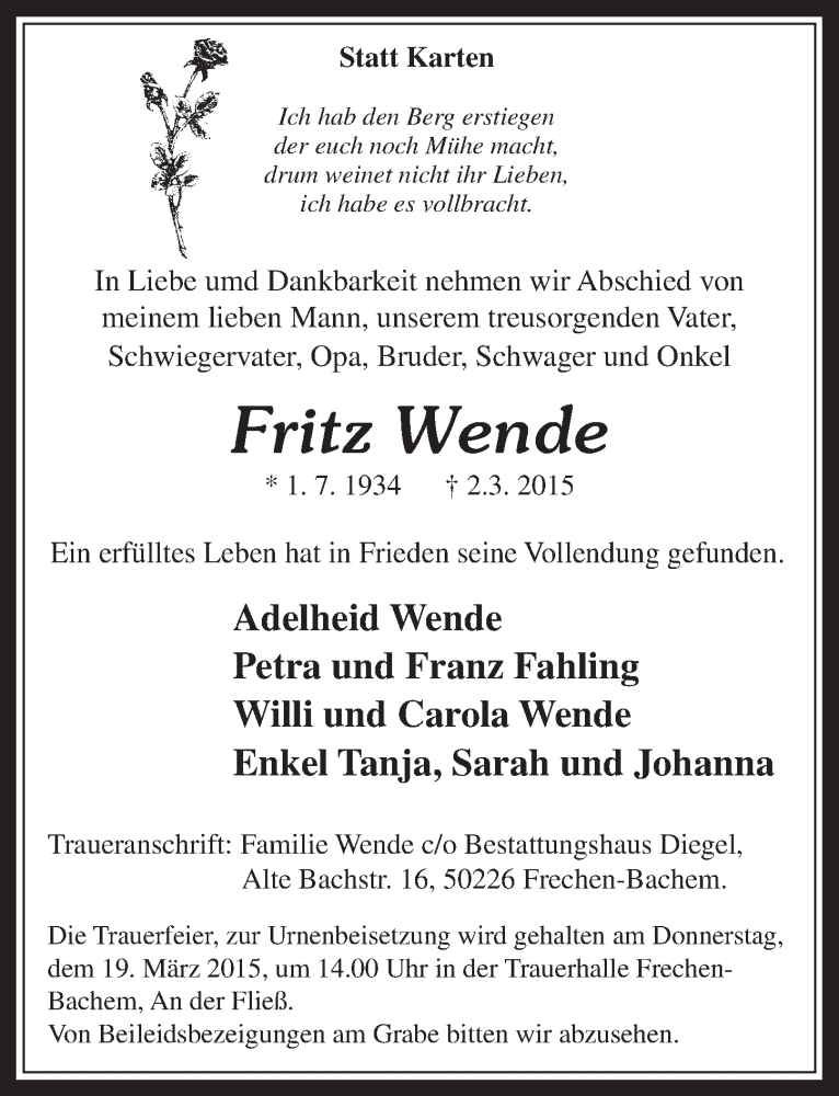  Traueranzeige für Fritz Wende vom 11.03.2015 aus  Wochenende 