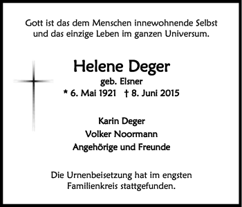 Anzeige von Helene Deger von Kölner Stadt-Anzeiger / Kölnische Rundschau / Express