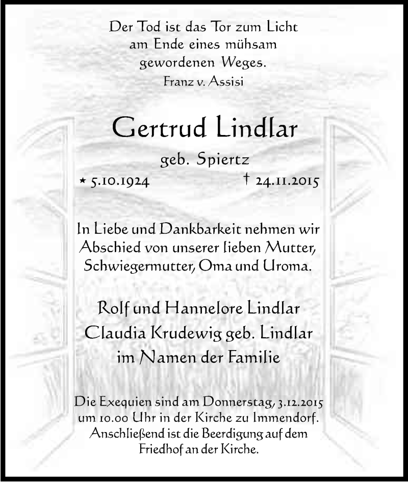  Traueranzeige für Gertrud Lindlar vom 28.11.2015 aus Kölner Stadt-Anzeiger / Kölnische Rundschau / Express