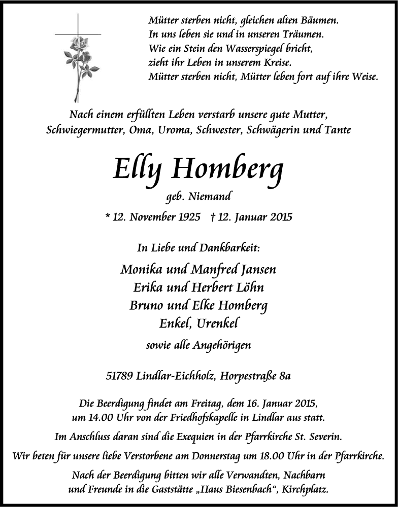  Traueranzeige für Elly Homberg vom 14.01.2015 aus Kölner Stadt-Anzeiger / Kölnische Rundschau / Express