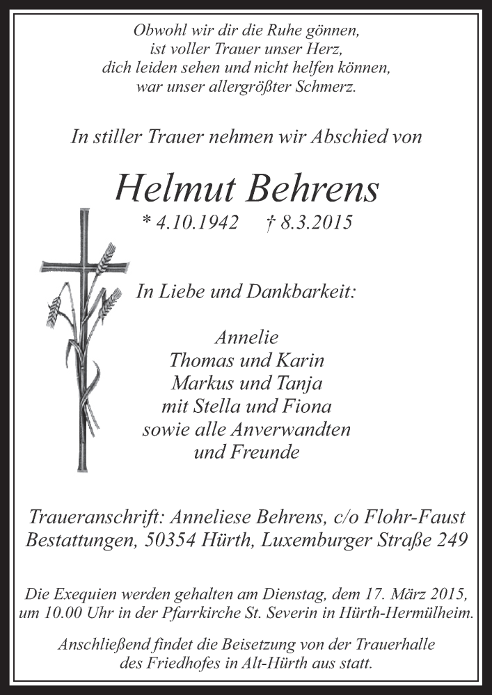  Traueranzeige für Helmut Behrens vom 11.03.2015 aus  Wochenende 