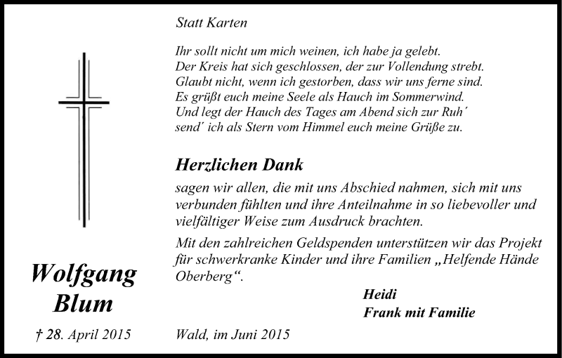  Traueranzeige für Wolfgang Blum vom 06.06.2015 aus Kölner Stadt-Anzeiger / Kölnische Rundschau / Express