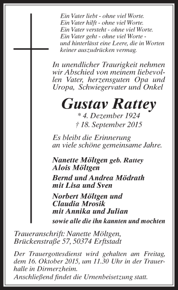 Anzeige von Gustav Rattey von  Werbepost 