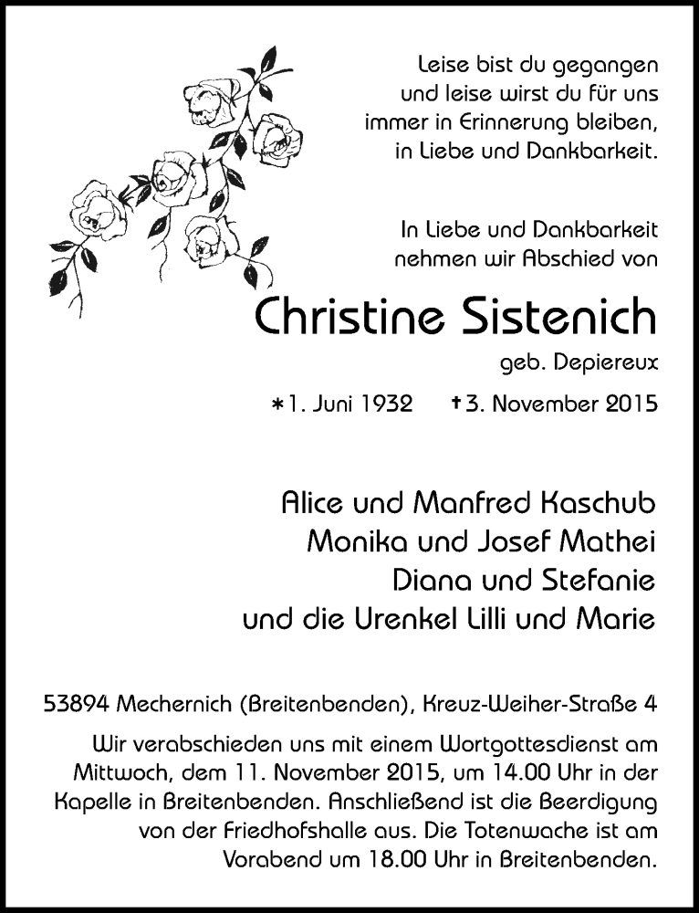  Traueranzeige für Christine Sistenich vom 08.11.2015 aus  Blickpunkt Euskirchen 