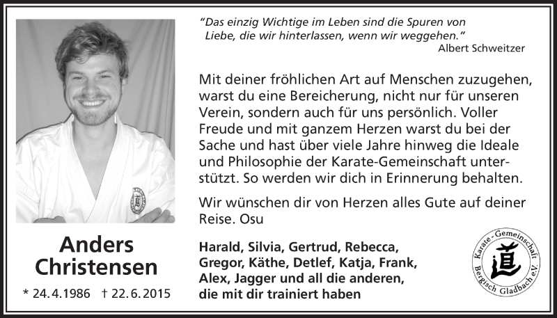  Traueranzeige für Anders Christensen vom 15.07.2015 aus  Bergisches Handelsblatt 