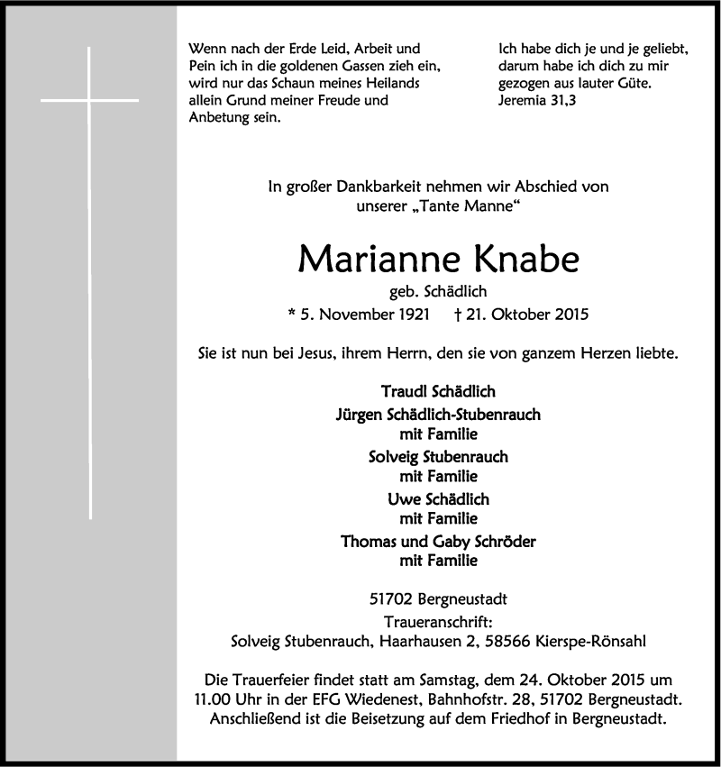  Traueranzeige für Marianne Knabe vom 23.10.2015 aus Kölner Stadt-Anzeiger / Kölnische Rundschau / Express