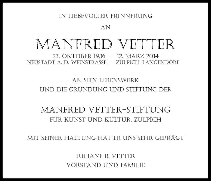  Traueranzeige für Manfred Vetter vom 14.03.2015 aus Kölner Stadt-Anzeiger / Kölnische Rundschau / Express