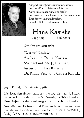Anzeige von Hans Kasiske von Kölner Stadt-Anzeiger / Kölnische Rundschau / Express