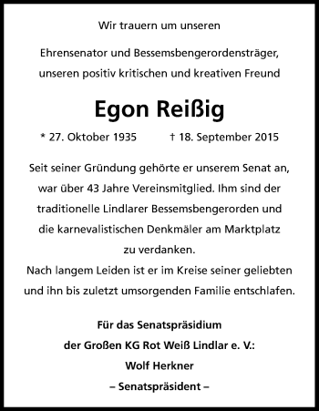 Anzeige von Egon Reißig von Kölner Stadt-Anzeiger / Kölnische Rundschau / Express