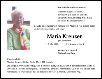 Anzeige von Maria Kreuzer von Kölner Stadt-Anzeiger / Kölnische Rundschau / Express