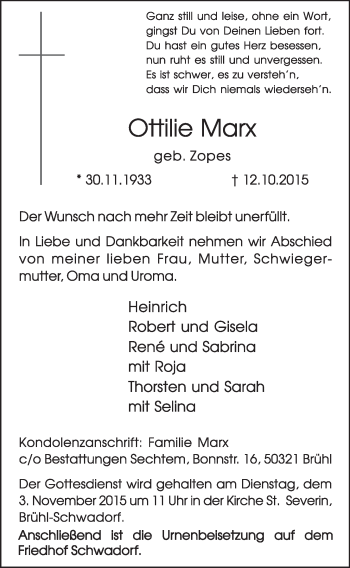 Anzeige von Ottilie Marx von  Schlossbote/Werbekurier 