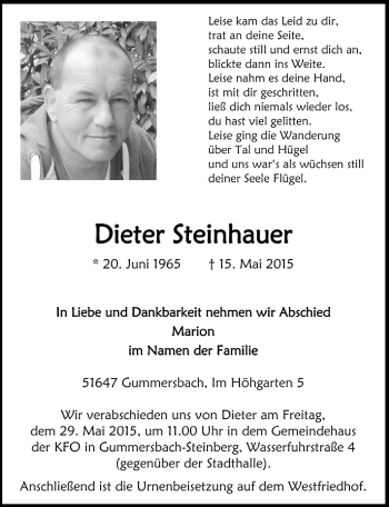 Anzeige von Dieter Steinhauer von  Anzeigen Echo 