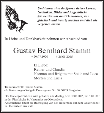 Anzeige von Gustav Bernhard Stamm von  Sonntags-Post 