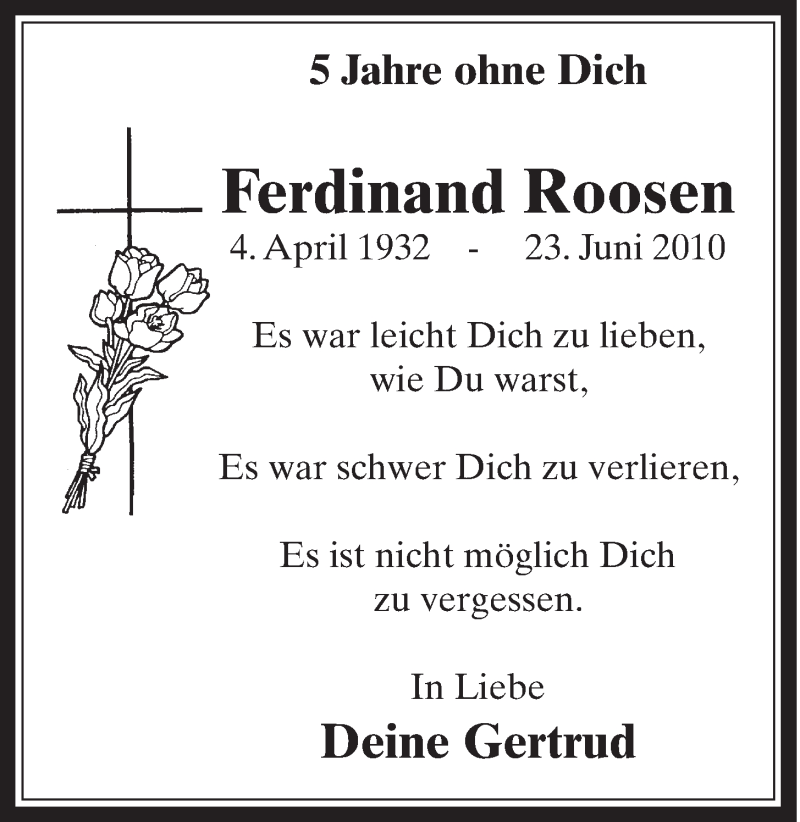  Traueranzeige für Ferdinand Roosen vom 24.06.2015 aus  Schaufenster/Blickpunkt 