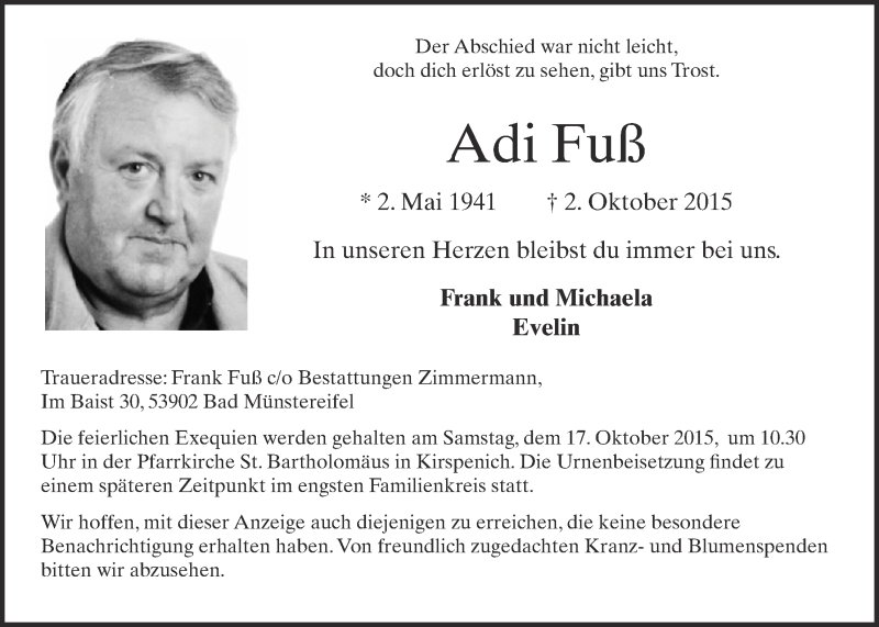  Traueranzeige für Adi Fuß vom 11.10.2015 aus  Blickpunkt Euskirchen 