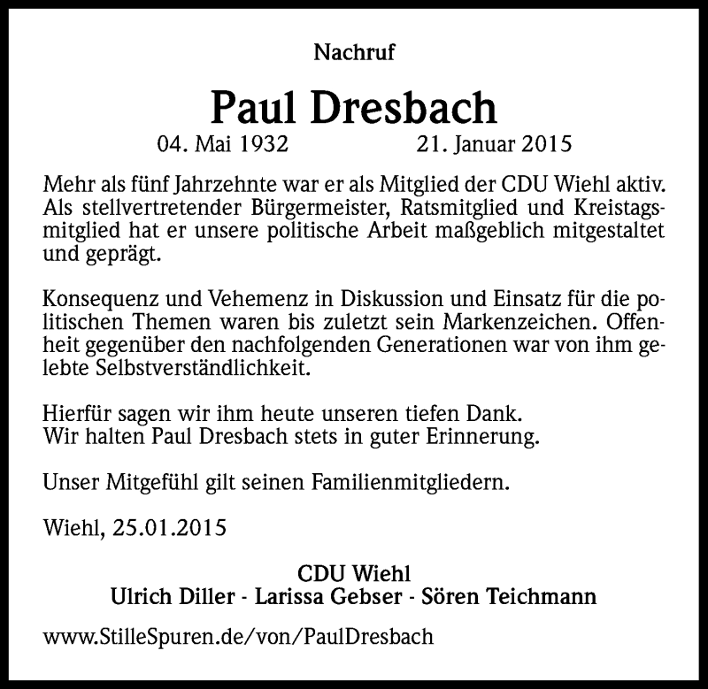  Traueranzeige für Paul Dresbach vom 27.01.2015 aus Kölner Stadt-Anzeiger / Kölnische Rundschau / Express