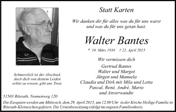 Anzeige von Walter Bantes von Kölner Stadt-Anzeiger / Kölnische Rundschau / Express