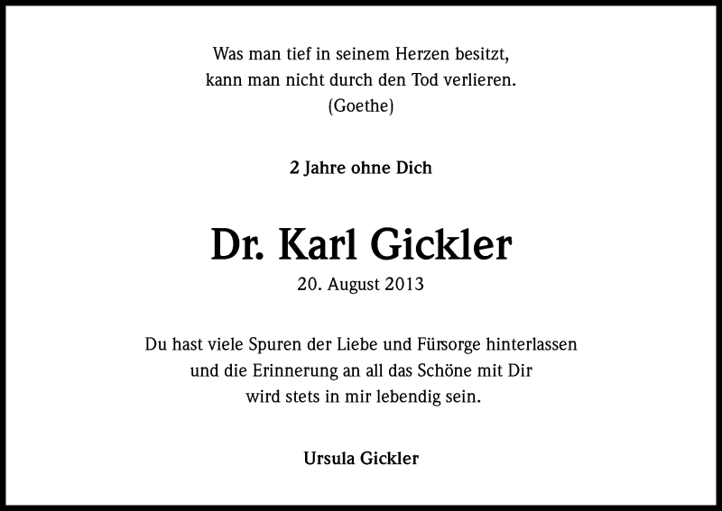  Traueranzeige für Karl Gickler vom 22.08.2015 aus Kölner Stadt-Anzeiger / Kölnische Rundschau / Express