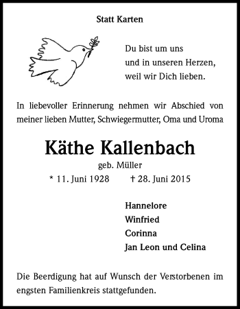 Anzeige von Käthe Kallenbach von Kölner Stadt-Anzeiger / Kölnische Rundschau / Express