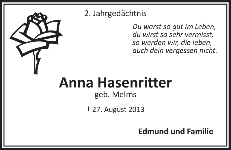  Traueranzeige für Anna Hasenritter vom 02.09.2015 aus  Extra Blatt 
