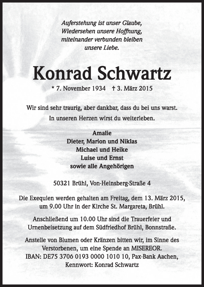  Traueranzeige für Konrad Schwartz vom 11.03.2015 aus  Schlossbote/Werbekurier 