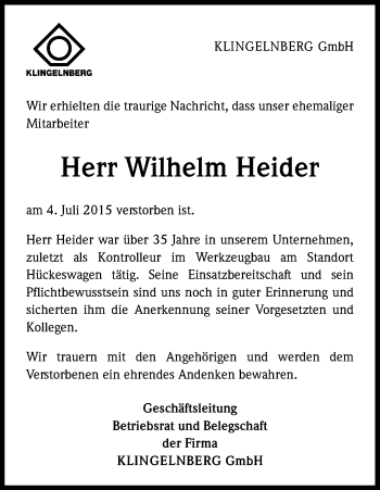 Anzeige von Wilhelm Heider von Kölner Stadt-Anzeiger / Kölnische Rundschau / Express