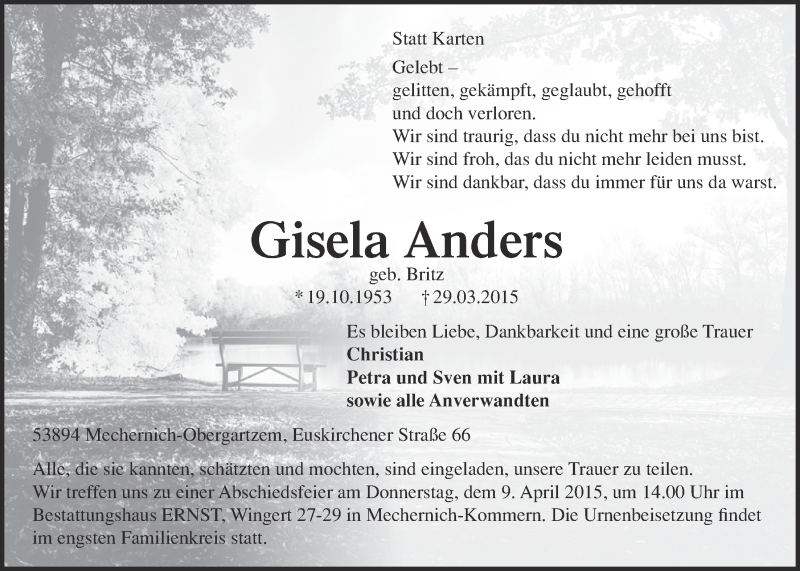  Traueranzeige für Gisela Anders vom 05.04.2015 aus  Blickpunkt Euskirchen 