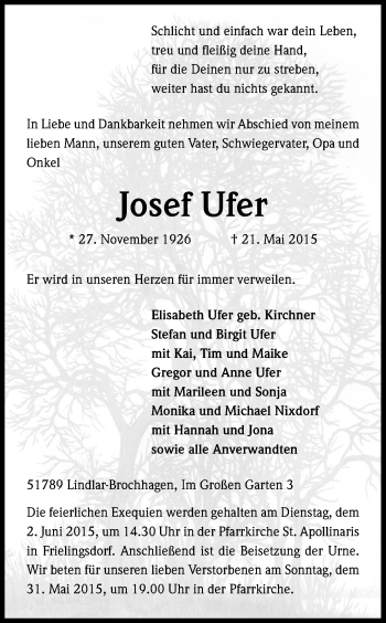 Anzeige von Josef Ufer von Kölner Stadt-Anzeiger / Kölnische Rundschau / Express